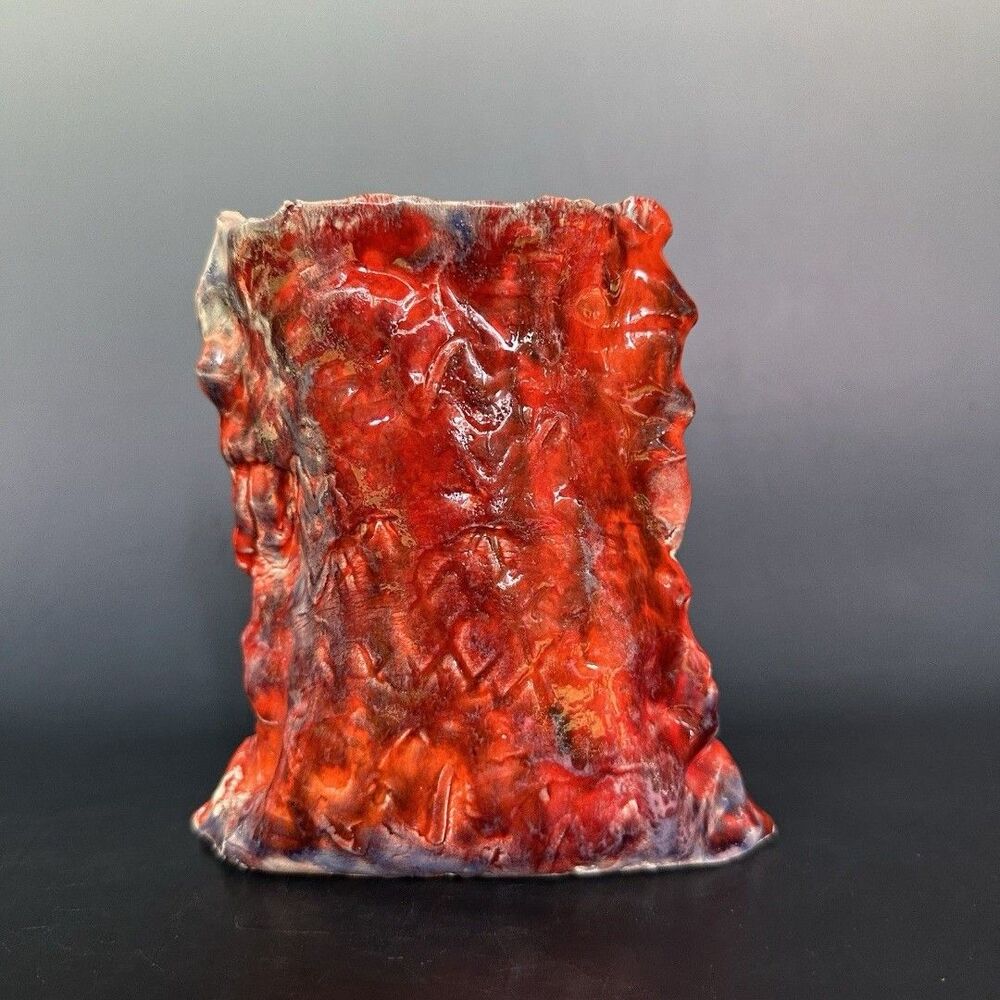 Fiery Flame Volcanic Lava Glaze Orange Red Studio Pottery Slab Vase Signed 2002